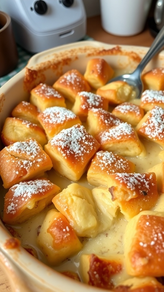 A serving of cinnamon monkey bread pudding in a baking dish, dusted with powdered sugar, on a wooden table.
